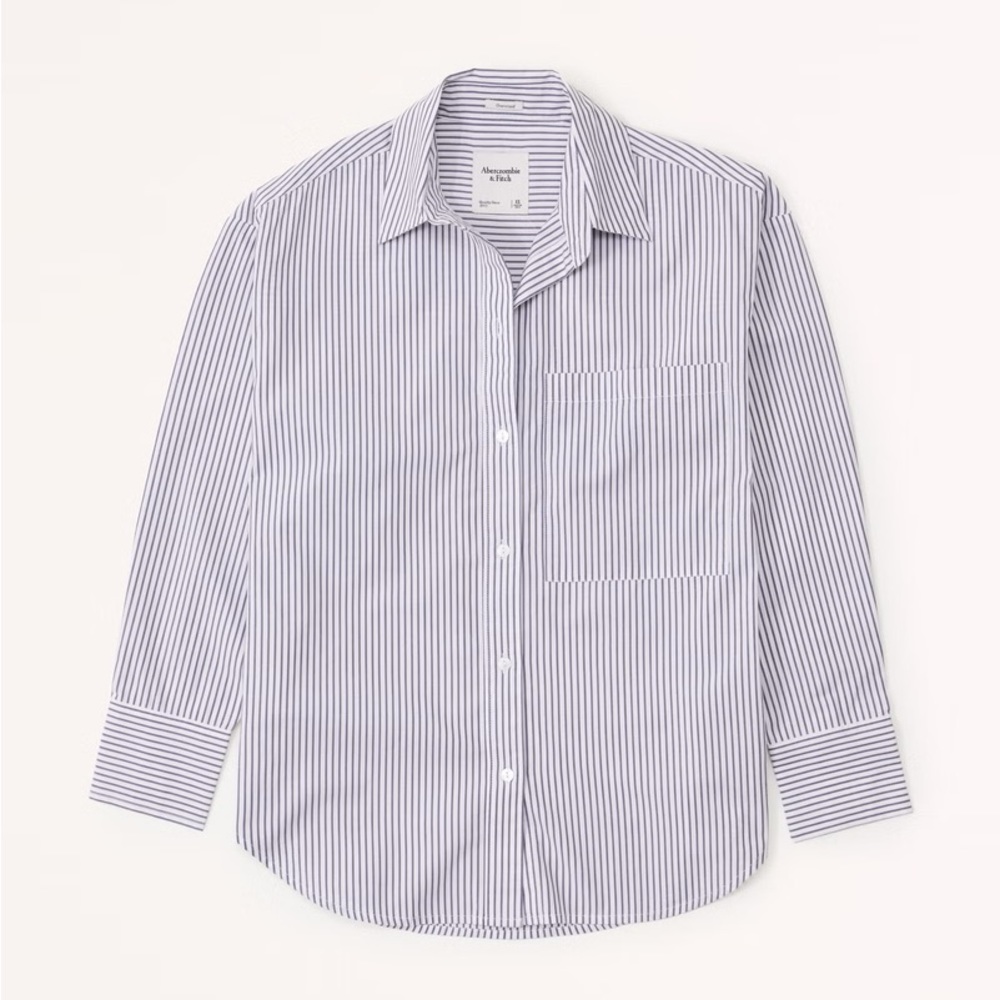 Abercrombie & Fitch Navy Stripe Oversized Poplin Button-Up Shirt